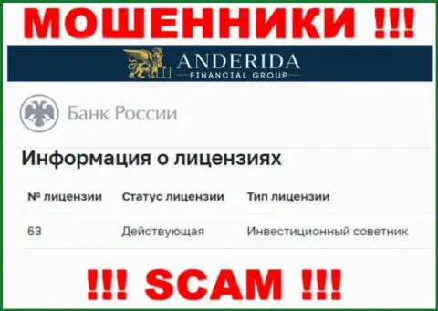 Андерида говорят, что имеют лицензию от ЦБ Российской Федерации (данные с интернет-портала разводил)