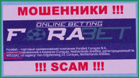 Forabet Curaçao N.V. internet-мошенников Fora Bet зарегистрировано под вот этим рег. номером - 9052/JAZ