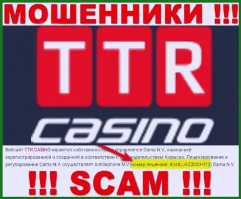 TTR Casino - это еще одни АФЕРИСТЫ !!! Завлекают доверчивых людей в капкан наличием лицензии на веб-ресурсе