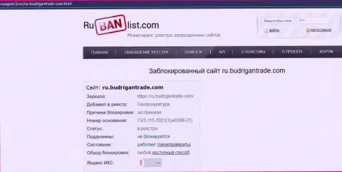 Web-ресурс BudriganTrade в пределах Российской Федерации был заблокирован Генеральной прокуратурой