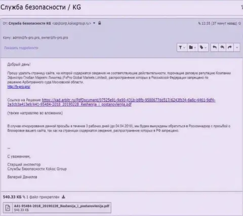 Сообщение с решением арбитражного суда Московской области, отправленное фирмой Кокос Групп