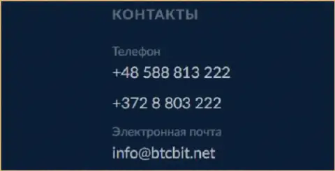 Телефон и адрес электронного ящика криптовалютного онлайн обменника BTCBit