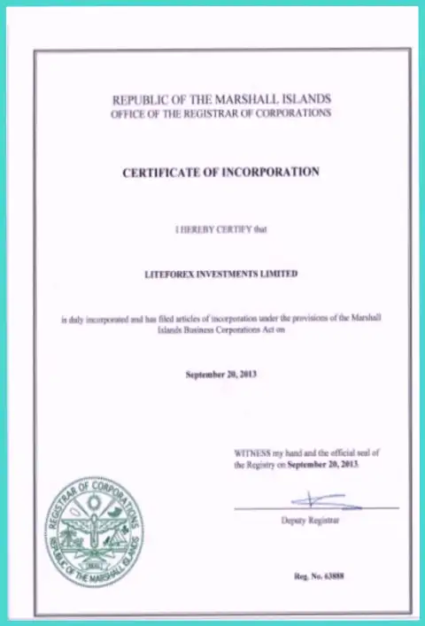 Документы о регистрации ФОРЕКС брокерской компании LiteForex Investments Limited